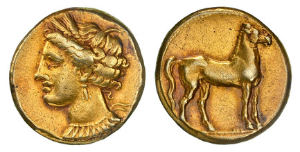 1086749 GREEK. ZEUGITANA. Carthage. Struck circa 320-270 BC. EL Stater. NGC Ch. VF (Choice Very Fine) Strike 5/5 Surface 4/5.  20mm. 7.48gm. Head of Tanit to left, crowned with wreath of corn, wearing earring with triple pendants and necklace, dot...