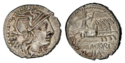 1086750 ROMAN REPUBLICAN.  M. Aburius M.f. Geminus. Struck circa 13c BC. AR Denarius. NGC MS✭ (Mint State ✭) Strike 5/5 Surface 5/5.  Rome. 19mm. 3.88gm. GEM. Head of Roma wearing winged helmet, right; monogram below chin / M•ABVRI/ ROMA. Sol in q...