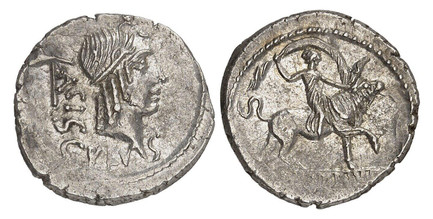 1087467 ROMAN REPUBLICAN.  Lucius Valerius Acisculus. Struck 45 BC. AR Denarius. NGC Ch. AU (Choice About Uncirculated) Strike 4/5 Surface 4/5.  Rome. 18mm. 3.50gm. ACISC-VLVS. Head of Apollo with hair bound by a headband; control mark behind head...
