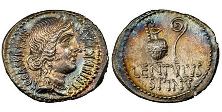 1083566 ROMAN REPUBLICAN.  C. Cassius Longinus. Struck circa 42 BC. AR Denarius. NGC AU (About Uncirculated) Strike 5/5 Surface 3/5 Lt. Graffito.  Smyrne. 20mm. 3.41gm. C • CASSI • IMP - LEIBERTAS. Diadem head of Libertas, right; wearing earring a...