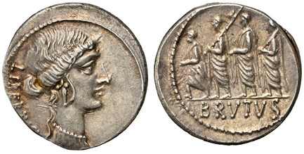 1083145 ROMAN IMPERATORIAL.  M. Junius Brutus. (d. 42 BC). Issued as moneyer, circa 54 BC. AR Denarius. NGC Ch. XF (Choice Extremely Fine) Strike 4/5 Surface 4/5.  Rome. 3.96gm. LIBERTAS. Head of Liberty right / BRVTVS. L. Junius Brutus walking in...