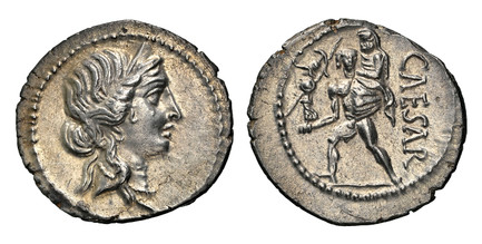 1084799 ROMAN IMPERATORIAL.  Julius Caesar. (Dictator, d. 44 BC). Struck circa 48-46 BC. AR Denarius. NGC Ch. AU✭ (Choice About Uncirculated ✭) Strike 5/5 Surface 4/5.  Military mint traveling with Caesar in North Africa. 3.89gm. Diademed head of ...
