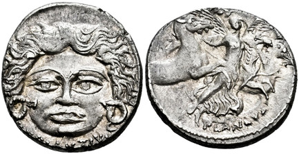 1083628 ROMAN IMPERATORIAL.  L. Plautius Plancus. Struck circa 47 BC . AR Denarius. NGC AU (About Uncirculated) Strike 4/5 Surface 5/5.  3.95gm. L PLAVTIVS. Medusa, facing / PLANCVS. Victory with four horses. Crawford 453/1a; Calico 1131; Ffc-1003...