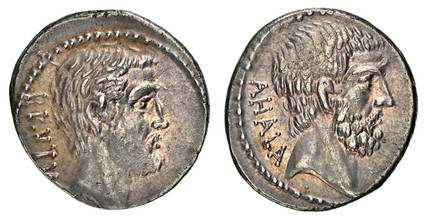 1086301 ROMAN IMPERATORIAL.  Q. Servilius Caepio. Struck circa 54 BC. Marcus Junius Brutus (Issue a Moneyer) AR Denarius. NGC Ch. XF (Choice Extremely Fine) Strike 4/5 Surface 5/5.  Rome. 3.71gm. BRVTVS. Bare head of L. Junius Brutus, right / AHAL...