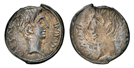 1086752 ROMAN IMPERATORIAL.  Octavian (Augustus). (Emperor, 27 BC-14 AD). Struck circa 29-28 BC. AR Quinarius. NGC Ch. VF (Choice Very Fine) Strike 3/5 Surface 4/5 Mint Error.  Uncertain mint. 14mm. 1.77gm. IMP – CAESAR. Head of Octavian right, sl...