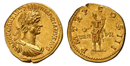 1083942 ROMAN IMPERIAL.  Hadrian. (Emperor, 117-138 AD). Struck 117-138 AD. AV Aureus. NGC Ch. XF (Choice Extremely Fine) Strike 5/5 Surface 4/5 Fine Style.  Rome. 7.41gm. Bust of Hadrian, laureate, cuirassed, right / GEN – PR. Genius representing...