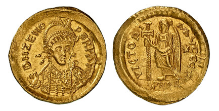 1086755 ROMAN IMPERIAL.  Zeno. (Eastern Roman Emperor, Second Reign 476-491 AD). AV Solidus. NGC MS✭ (Mint State ✭) Strike 5/5 Surface 5/5.  Constantinople. 20mm. 4.45gm. D N ZENO PERP AVC. Helmeted and cuirassed bust facing slightly right, holdin...