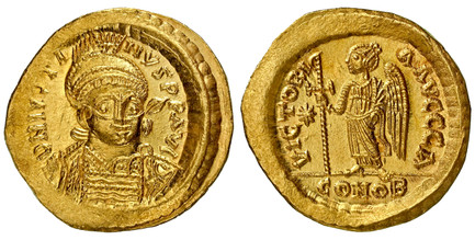 1084800 BYZANTINE.  Justin I. (Emperor, 518-527 AD). Struck 519-527 AD. AV Solidus. NGC MS (Mint State) Strike 4/5 Surface 4/5.  Constantinople, 1st Officina. 22mm. 4.48gm. D N IVSTI–NVS P P AVC. Helmeted and cuirassed bust facing slightly right, ...