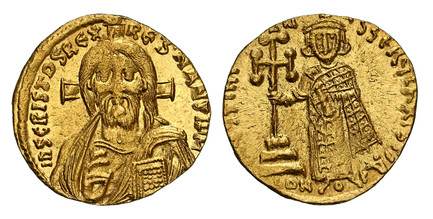 1087073 BYZANTINE.  Justinian II. (Emperor, first reign, 685-695 AD). Struck 668-685 AD. AV Solidus. NGC MS (Mint State) Strike 3/5 Surface 5/5.  Constantinople, 1st officina. 4.46gm. d N IhS ChS REX RGNANTIXM. Bust of Christ facing, raising hand ...