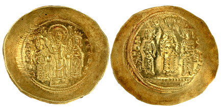 1084803 BYZANTINE.  Romanus IV. (Emperor, 1068-1071 AD). (1068-1071) ND. AV Histamenon Nomisma. NGC Ch. AU (Choice About Uncirculated) Strike 5/5 Surface 5/5.  Constantinople mint. 25mm. 4.38gm. + RwMAN' EVDOKIA//  IC - XC. Christ standing on foot...