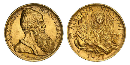 1085815 ALBANIA. George Kastrioti "Skanderbeg". (Prince, 1405-1468). 1927-V AV 20 Franga Ari. NGC MS65.  Vienna. 21mm. 6.50gm. Lion of St. Mark right divides denomination, date below / Bust right. KM 12; Fr.-6.

Please use this link to verify the ...