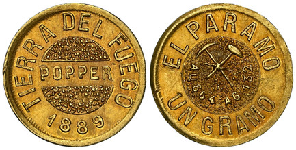 1086724 ARGENTINA. Tierra Del Fuego. 1889 AV Gramo. NGC MS61.  Issued by Julius Popper, Buenos Aires. Buenos Aires mint. POPPER divides shaded circle / Pick axe and sledge hammer within shaded circle. KM Tn5; Friedberg 2; Janson-7.

Second Buenos ...