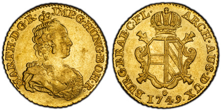 1086243 AUSTRIAN NETHERLANDS. Maria Theresa. (Holy Roman Empress, 1740-1780). 1749-(hand) R AV 2 Souverain d'Or. PCGS AU55.  By Jacques Roëttiers. Antwerp mint. Crowned bust right / Crowned arms with mint mark and date below. KM 10; Friedberg 130;...