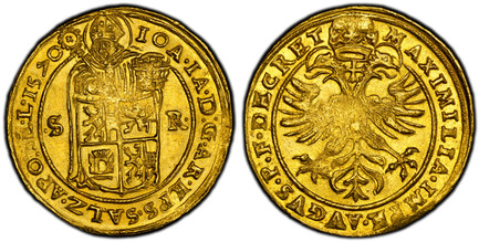 1085318 AUSTRIAN STATES. Salzburg. Johann Jakob Khuen of Belasi. (Archbishop, 1560-1586). 1570 AV 2 Ducats. PCGS MS63.  6.97gm. IOA · IA · D:G · AR · EPS · SALZ · APO · SE · LE ·. Standing figure of saint, holding salt cellar and crozier, behind 4...