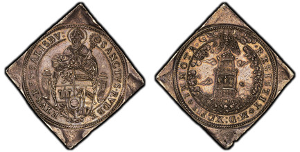 1085324 AUSTRIAN STATES. Salzburg. Wolfgang Dietrich of Raitenau. (Archbishop, 1587-1612). 1593 AR 2 Thaler Klippe. PCGS AU58.  58.51gm. St. Robert, seated facing, mitred and haloed, wearing habit and holding a crozier in his left hand and globe i...