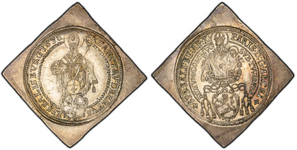 1085328 AUSTRIAN STATES. Salzburg. Paris von Lodron. (Archbishop, 1619-1653). 1638 AR Klippe 1/4 Thaler. PCGS MS61.  7.22gm. Madonna and child above shield of arms in inner circle / Haloed St. Rupert standing with globe and crozier; denomination a...