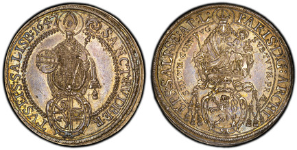 1085949 AUSTRIAN STATES. Salzburg. Paris von Lodron. (Prince-Archbishop, 1619-1653). 1647 AR Thaler. PCGS MS62.  41.5mm. 28.66gm. Madonna above shield of arms / St. Rupert standing facing. KM 87; Dav.-3504; Probstz 1266; HZ 1498.
Includes original...