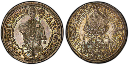 1085950 AUSTRIAN STATES. Salzburg. Guidobald von Thun and Hohenstein. (Bishop and Principal Commissar of the Reichstag, 1654-1668). 1660 AR Thaler. PCGS MS62.  41.3mm. 28.77gm. GVIDOBALD 9 D:G:AR:EP:SAL:SE:AP:L. Madonna with child standing above c...