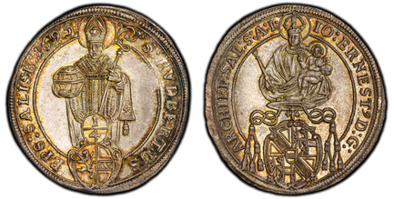1086640 AUSTRIAN STATES. Salzburg. Johann Ernst. 1695 AR 1/4 Thaler. PCGS MS65.  Madonna and Child above shield of arms in inner circle / St. Rupert above value and arms in inner circle, date in legend. KM 282.

Please use this link to verify the ...