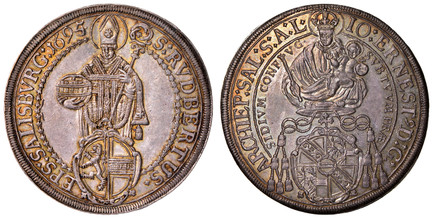 1087262 AUSTRIAN STATES. Salzburg. Johann Ernst. 1695/4 AR Thaler. NGC MS63+.  IO: ERNEST: D:G: ... Madonna and child above Cardinals' hat and shield / S: RUDBERTUS: EPS .... St. Rupert above shield in frame, date in legend. KM 254; Dav.-3510; Zöt...