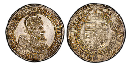 1086636 AUSTRIA. Matthias II. 1609 AR Thaler. PCGS MS61.  Vienna. 28.32gm. Crowned bust in ruffled collar right in inner circle / Crowned arms in Order collar in inner circle, date in legend. KM 103; Dav.-3037; Voglh. 112 II.

Titles as King of Bo...