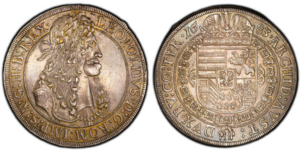 1085941 AUSTRIA. Leopold I. 1683 AR Thaler. PCGS MS63.  Hall. 41.6mm. 28.05gm. LEOPOLDVS:D:G:ROM:IMP:S:A:G:H:B:REX•. Armored bust without lion's head in shoulder drapery / ARCHID:AVS:DVX:BV:CO:TYR:. Crowned arms within Order chain. KM 1303.1 (Prev...