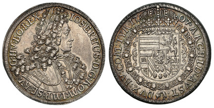 1086086 AUSTRIA. Joseph I. 1707 IMH AR Thaler. NGC MS61.  Hall. IOSEPHUS · D: G: ROM: IMP: SE: AV: G: HV: BO: REX ·. Laureate armored bust right / ARCHID: AVST: DVX: BV: COM: TYR ·. Arms within Order chain. KM 1438.1; Dav.-1018.

Please use this l...