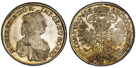 1085679 AUSTRIA. Maria Theresa. (Holy Roman Empress, 1740-1780) . 1765 AR 1/2 Thaler. PCGS MS62.  Hall. 14.06gm. M · THERESIA · D · G · R · IMP · GE · HU · BO · REG ·. Bust right with décolletage / ARCHID · AUST · DUX · BU · COM · ... Crowned impe...