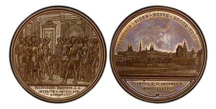 1085167 AUSTRIA. Franz Joseph I. (Emperor, 1848-1916). 1848 Bronzed AE Medal. PCGS MS64.  By Konrad Lange. 56mm. 87.8gm. ANTIOVA • FIDES • NOVVS • DECOR • VRBIS; OLOMVCII • D • II • DECEMBRIS • MDCCCXXXXVIII. View of the imperial castle in Olmütz ...