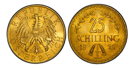 1086668 AUSTRIA. 1926 AV 25 Schilling. PCGS PL64.  By Arnold Hartig. 5.87 gm. Imperial Eagle with Austrian shield on breast, holding hammer and sickle, / Value at top flanked by edelweiss sprays, date divided by sprigs at bottom. KM 2841. Prooflik...