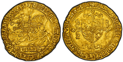 1084974 BELGIUM. Brabant. Philippe le Bon. (Count, 1419-1467). (1434-1454) ND AV Cavalier d'Or (Gouden Rijder). PCGS MS63.  3.63gm. Ph'S: DEI': GRA: DVX: BVRG: BRA - B:Z: LIMBVRG// xBRAB'x. Knight in full armor and brandishing sword, right on gall...