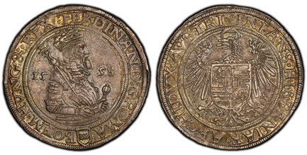 1087152 BOHEMIA. Ferdinand I. 1558 (ab) AR Thaler. PCGS AU55.  Joachimstal. Crowned armored bust right holding scepter over right shoulder and left hand on sword hilt; date divided to either side. A shield of arms in the legend below  / Halo above...