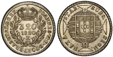 1086094 BRAZIL. 1820-R AR 320 Reis. PCGS MS64.  Rio de Janeiro. Crowned denomination, date and mintmark within wreath; legend around / Shield of arms over armillary sphere; cross divides legend. KM 324.2; Maldonado 449.04.

Please use this link to...