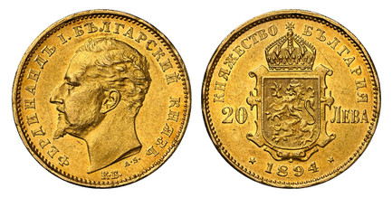 1086884 BULGARIA. Ferdinand I. (King, 1887-1918). 1894-KB AV 20 Leva. NGC AU58.  Kremnitz. 21mm. 6.44gm. Head left / Crowned ornate arms. KM 20; Fr.-3; Schlum.-2.

Please use this link to verify the NGC certification number <a href="https://www.ng...