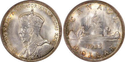 1087675 CANADA. George V. 1935 AR Dollar. PCGS MS66.  By Percy Metcalfe (Obv.) & Emanuel Hahn (Rev.). Royal Canadian Mint, Ottawa. Bust left / Voyager, date and denomination below. KM 30.

For the Silver Jubilee.

Please use this link to verify th...