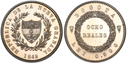 1084623 COLOMBIA. Nueva Granada. Republic. 1849 (caduceus) AR Pattern 8 Reales. PCGS SP62.  Popayan mint. Edge: Plain. Shield of arms within wreath; date in exergue / Denomination within closed wreath. KM Pn21; Restrepo P62.
Ex Eldorado Collection...