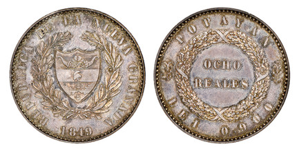 1087272 COLOMBIA. Republic. 1849 AR Pattern 8 Reales. NGC PR64.  Popoyan. Edge: Plain Edge. Shielded arms within wreath / Denomination within wreath. KM Pn21 Variant (Plain Edge); Restrepo P64 Variant (Plain Edge, Medal Axis).
Ex Nueva Granada Col...