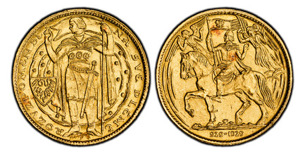 1085351 CZECHOSLOVAKIA. Republic. (1918-1939). -1929 AV Ducat. PCGS MS66.  By O. Spaniel. Kremnitz. [987] (K). Edge: Milled. 4.00gm. Full-length standing figure facing left, heraldic shield to left / Rider and horse advancing, left, one hoof riase...