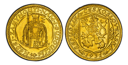 1086164 CZECHOSLOVAKIA. First Republic. (1918 - 1938/39). 1931 AV Ducat. PCGS Genuine - UNC Details Cleaned.  By J. Benda (Obv.) and O. Spaniel (Rev.). Kremnitz. Edge: Milled. Czech lion with Slovak shield, date below / Duke Wenceslas (Vaclav) hal...