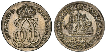 1086733 DANISH WEST INDIES. 1740 AR 12 Skilling. NGC AU55.  Copenhagen Mint. Crowned double C6 monogram / Ship within inner circle. KM 4.

Please use this link to verify the NGC certification number <a href="https://www.ngccoin.com/certlookup/3479...