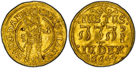 1087075 DENMARK. 1644 Heinrich Köhler (Mintmaster) AV 1/2 Ducat. PCGS MS61.  1.72gm. Christian IV standing right in inner circle / Three-line inscription (1 in Hebrew) above date. KM 138; Fr.-40; Hede 35.

Very rare type in this quality; the L.E. ...
