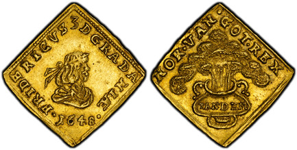 1087076 DENMARK. Frederik III. 1648 Heinrich Köhler (Mintmaster) AV Klippe Ducat. PCGS AU58.  Copenhagen. 3.47gm. Frederik III, small bust / Vase with incense. KM 163.1; Fr.-75; Hede 5B; Schou 28; Sieg 108.2.

Largesse Coinage. Klippe.
Includes or...