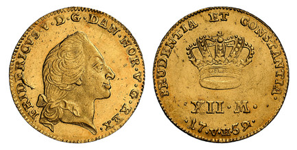 1087155 DENMARK. Frederik V. 1759 VH; W AV 12 Mark, Ducat Courant. NGC MS63.  Copenhagen. Bare head right, curl below / Crown above value and date. KM 587.3; Fr.-269; Sieg-21.3.

Currently the finest known at NGC as of April 2026
Housed in an olde...