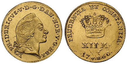 1087079 DENMARK. Frederik V. 1760 VH; W AV 12 Mark, Ducat Courant. NGC MS62.  Copenhagen. Bare head right, curl below / Crown above value and date. KM 587.3; Fr.-269; Hede 22.

Please use this link to verify the NGC certification number <a href="h...
