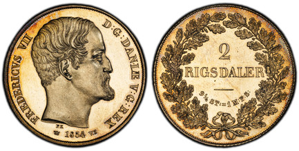 1086471 DENMARK. Frederik VII. 1854-(c) FK-VS AR 2 Rigsdaler. PCGS PR63.  Copenhagen. Head right / Denomination within oak wreath. KM 761.1; Sieg 14.1; Hede 6A.

Please use this link to verify the PCGS certification number <a href="http://www.pcgs...