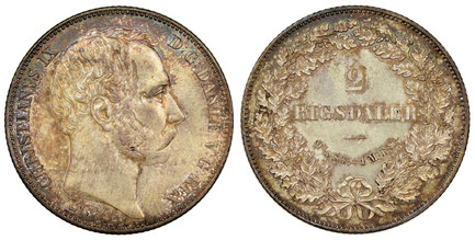 1087661 DENMARK. Christian IX. 1864 HC//RH AR 2 Rigsdaler. NGC MS65.  CHRISTIANVS IX D G DANIÆ V G REX. Head right / Denomination within oak wreath. KM 772.1.

Please use this link to verify the NGC certification number <a href="https://www.ngccoi...