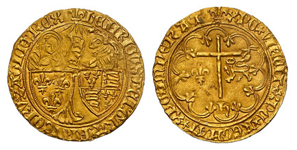 1084823 FRANCE. Anglo-Gallic. Henry VI. (King, 1422-53). (1422-53) ND-(Lis) AV Salut d'Or. NGC MS63.  Saint-Lô. 26mm. 3.48gm. (lis) hЄИRICVS : DЄI : GRA : FRACORV : Z : AGLIЄ : RЄX. Virgin Mary standing behind the arms of France facing the Archang...