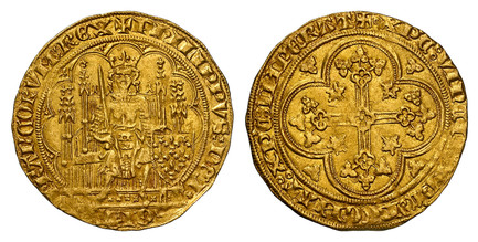 1084808 FRANCE. Philip VI le Fortuné. (King, 1328-1350). (1328-50) AV Ecu d'Or. NGC MS63.  28mm. 4.52gm. + PhILIPPVS : DЄI xx GRA xFRAnCORVM : RЄX. King seated on Gothic throne, a sword in his right hand and his left supporting a shield / + o XP'C...