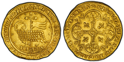 1084810 FRANCE. Jean II Le Bon. (King, 1350-1364). (1350-64) AV Mouton d'Or. PCGS AU58.  4.66gm. AGN DEI QVI TOLL PCCA MVDI MISERERE NOB. Lamb and cruciform staff with flying banner / XPC VINCIT XPC REGNAT XPC IMPERAT. Floriated cross in quadrilob...