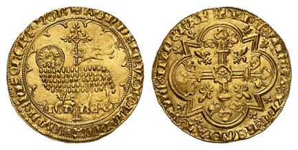 1085924 FRANCE. Jean II Le Bon. (King, 1350-1364). (1350-64) AV Mouton d'Or. NGC MS62.  4.68gm. + AGN DEI QVI TOLL PCCA MVDI MISERERE NOB. Lamb and cruciform staff with flying banner; IOh - REX below / + XPC VINCIT XPC REGNAT XPC IMPERAT. Floriate...